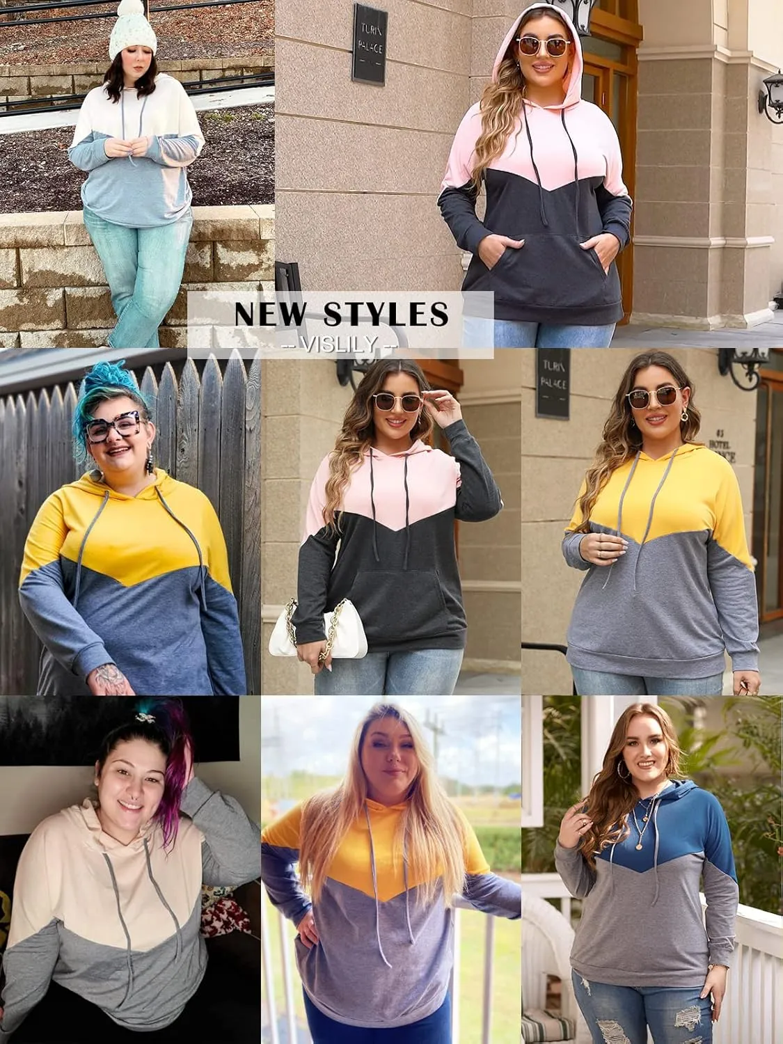 VISLILY Plus-Size Hoodies for Women Color Block Pullover Sweatshirts