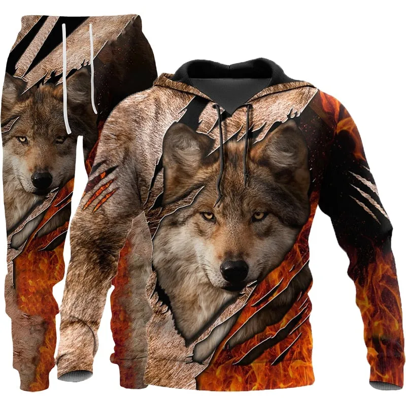 Wolf 3d Printed Hoodie Pants Suit
