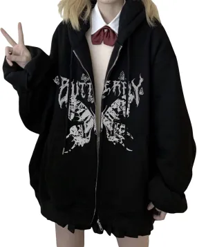 Women Grunge Zip Up Hoodies Gothic Punk Long Sleeve Printed Hooded Jackets Y2k 90s Streetwear Oversized Sweatshirts