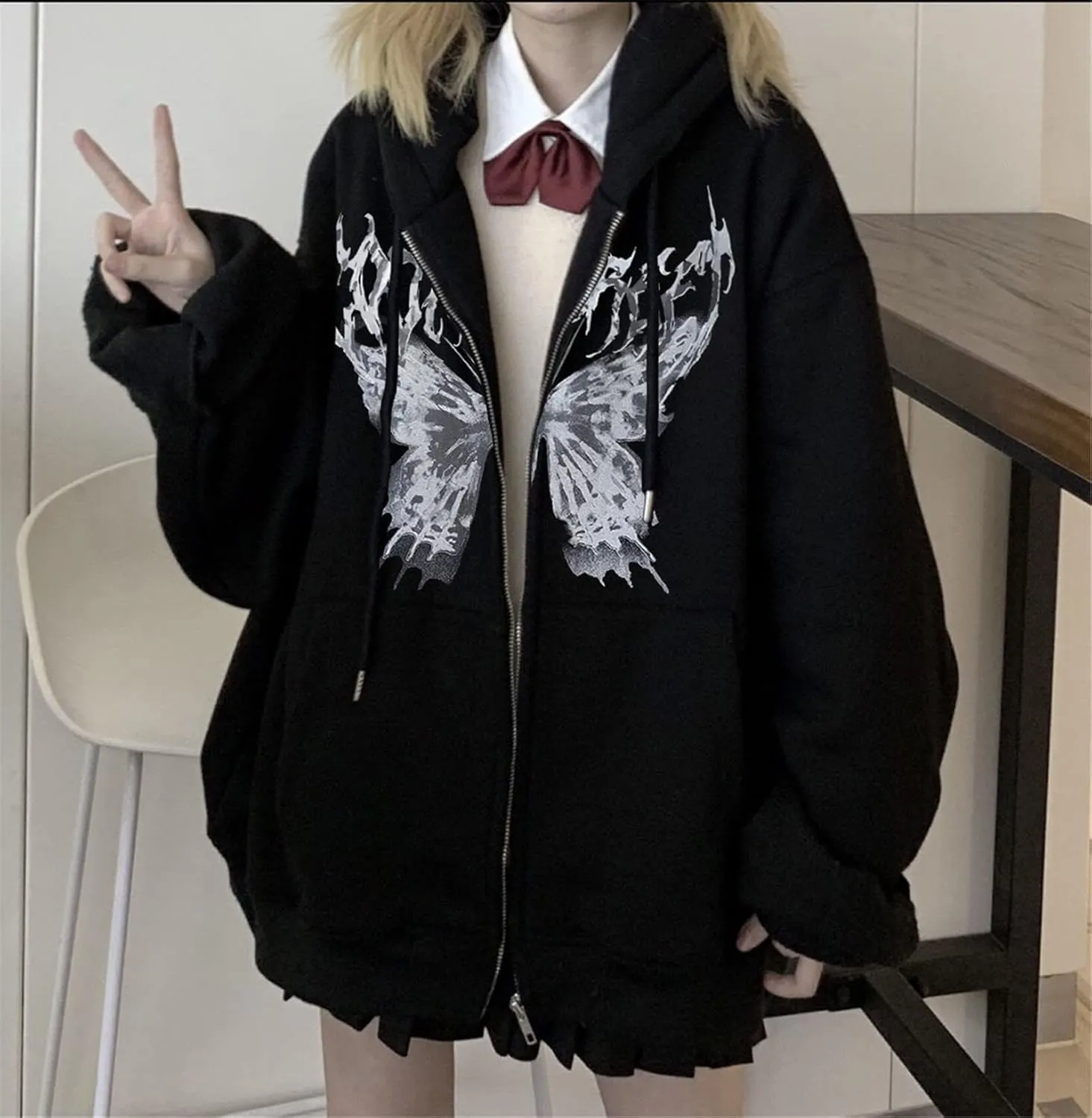 Women Grunge Zip Up Hoodies Gothic Punk Long Sleeve Printed Hooded Jackets Y2k 90s Streetwear Oversized Sweatshirts