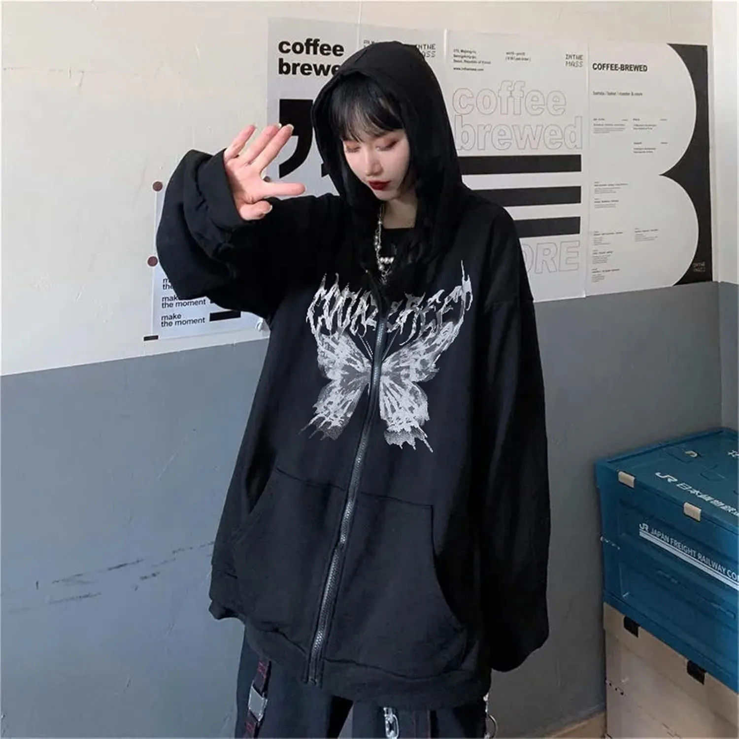 Women Grunge Zip Up Hoodies Gothic Punk Long Sleeve Printed Hooded Jackets Y2k 90s Streetwear Oversized Sweatshirts