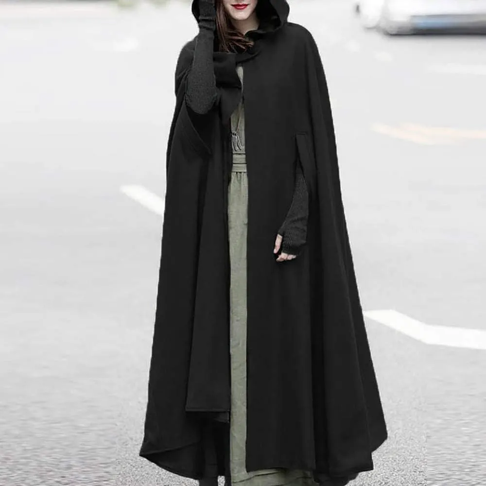Women Hooded Wool Blend Maxi Long Cape Poncho Maxi Cloak Coat Fall Winter Trench Coat Robe Gothic Plus Size Clothes