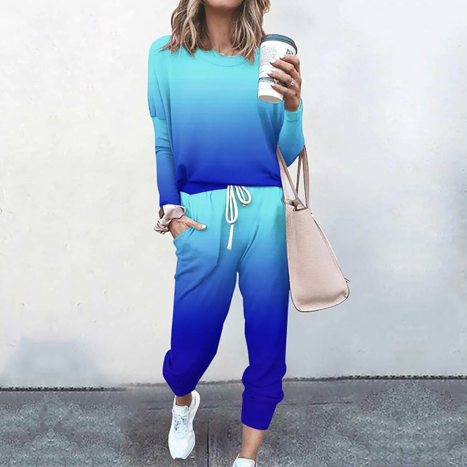 Womens Cargo Sweatpants with Pockets Crewneck Pullover Tops and Long Pants Tracksuit Gym Workout Pants Trousers High