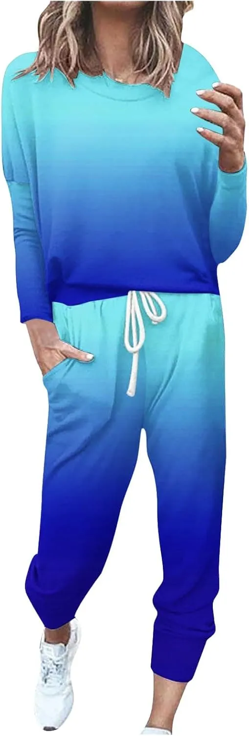 Womens Cargo Sweatpants with Pockets Crewneck Pullover Tops and Long Pants Tracksuit Gym Workout Pants Trousers High