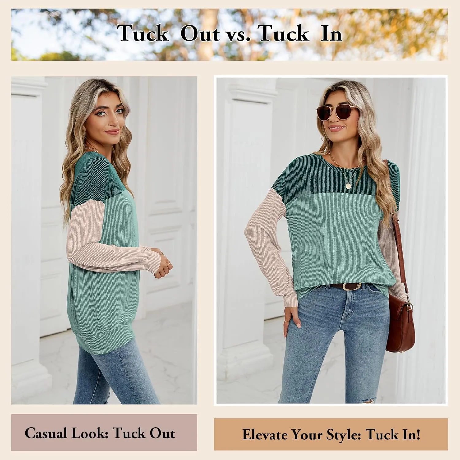 Womens Color Block Long Sleeve Crewneck Knitted Casual Loose Pullover Shirts Tops