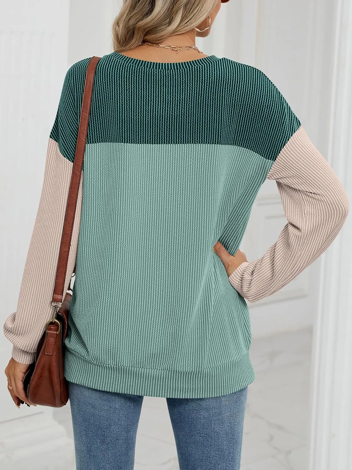 Womens Color Block Long Sleeve Crewneck Knitted Casual Loose Pullover Shirts Tops