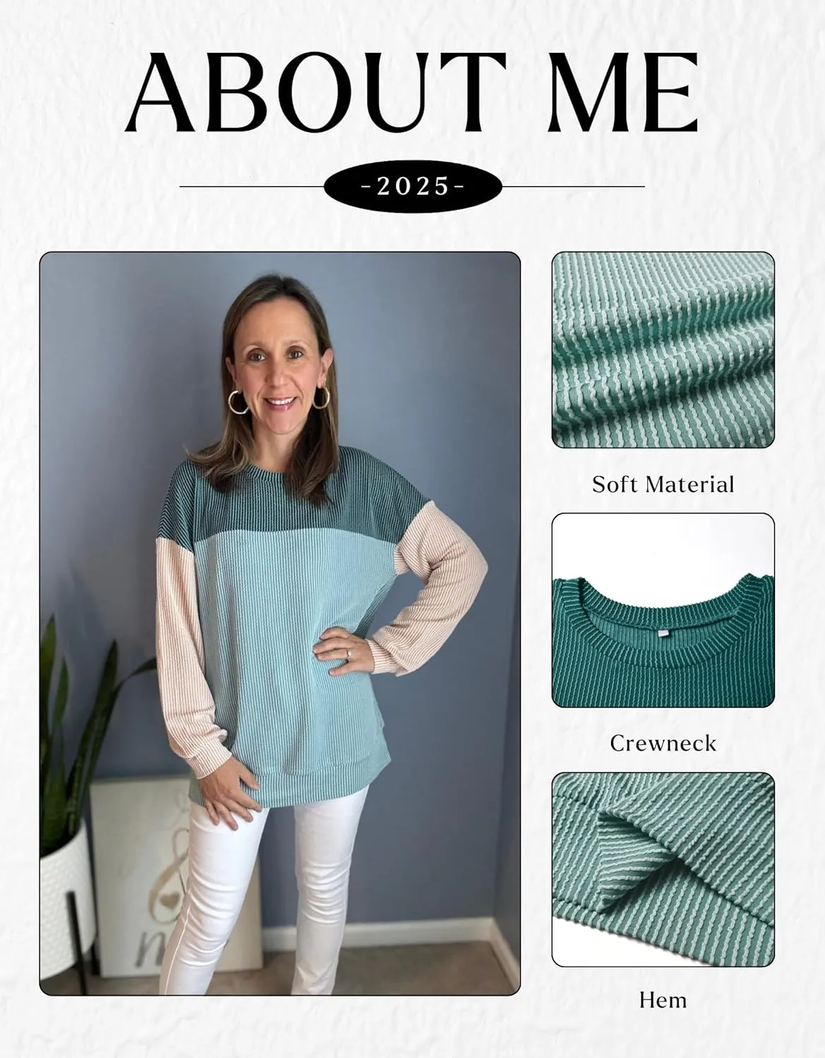 Womens Color Block Long Sleeve Crewneck Knitted Casual Loose Pullover Shirts Tops