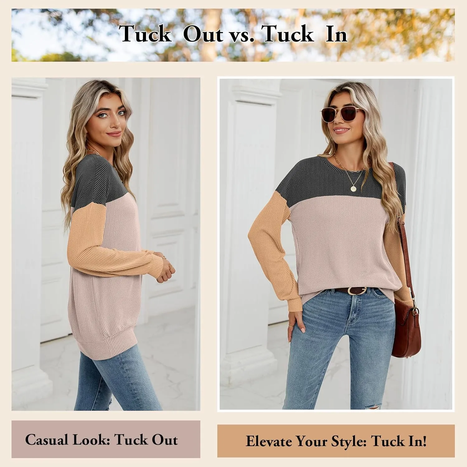 Womens Color Block Long Sleeve Crewneck Knitted Casual Loose Pullover Shirts Tops