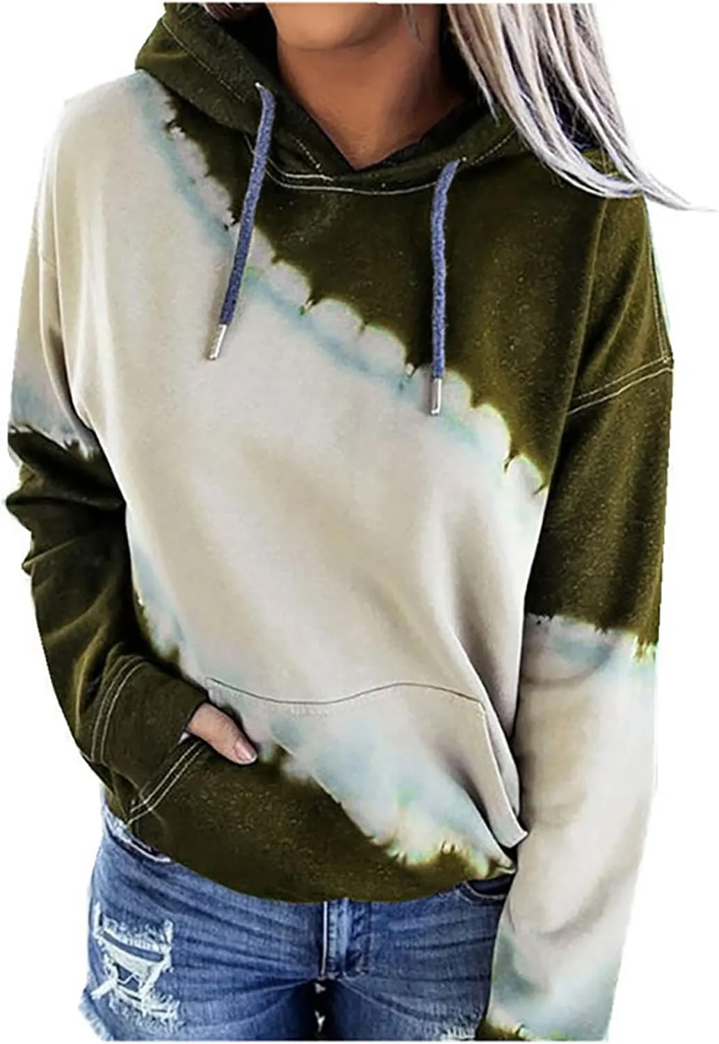 Womens Drawstring Color Block Loose Hooded Sweatshirt Casual Comfy Sweaters Fashion Oversized Tie Dye Long Sleeve Pullover