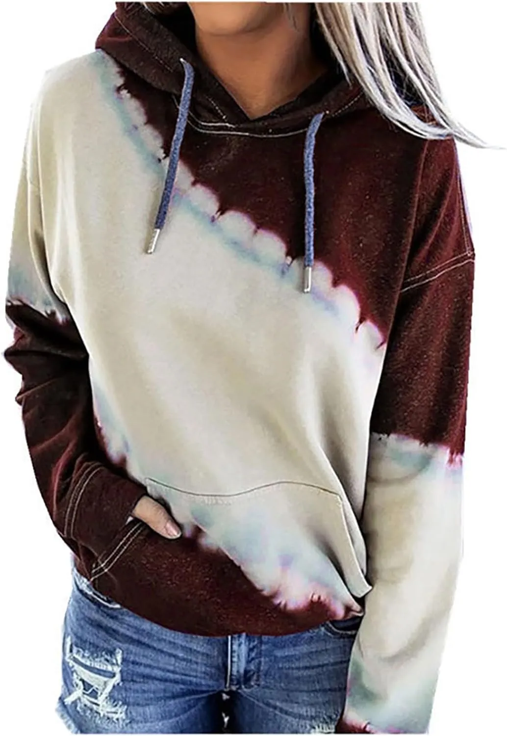 Womens Drawstring Color Block Loose Hooded Sweatshirt Casual Comfy Sweaters Fashion Oversized Tie Dye Long Sleeve Pullover
