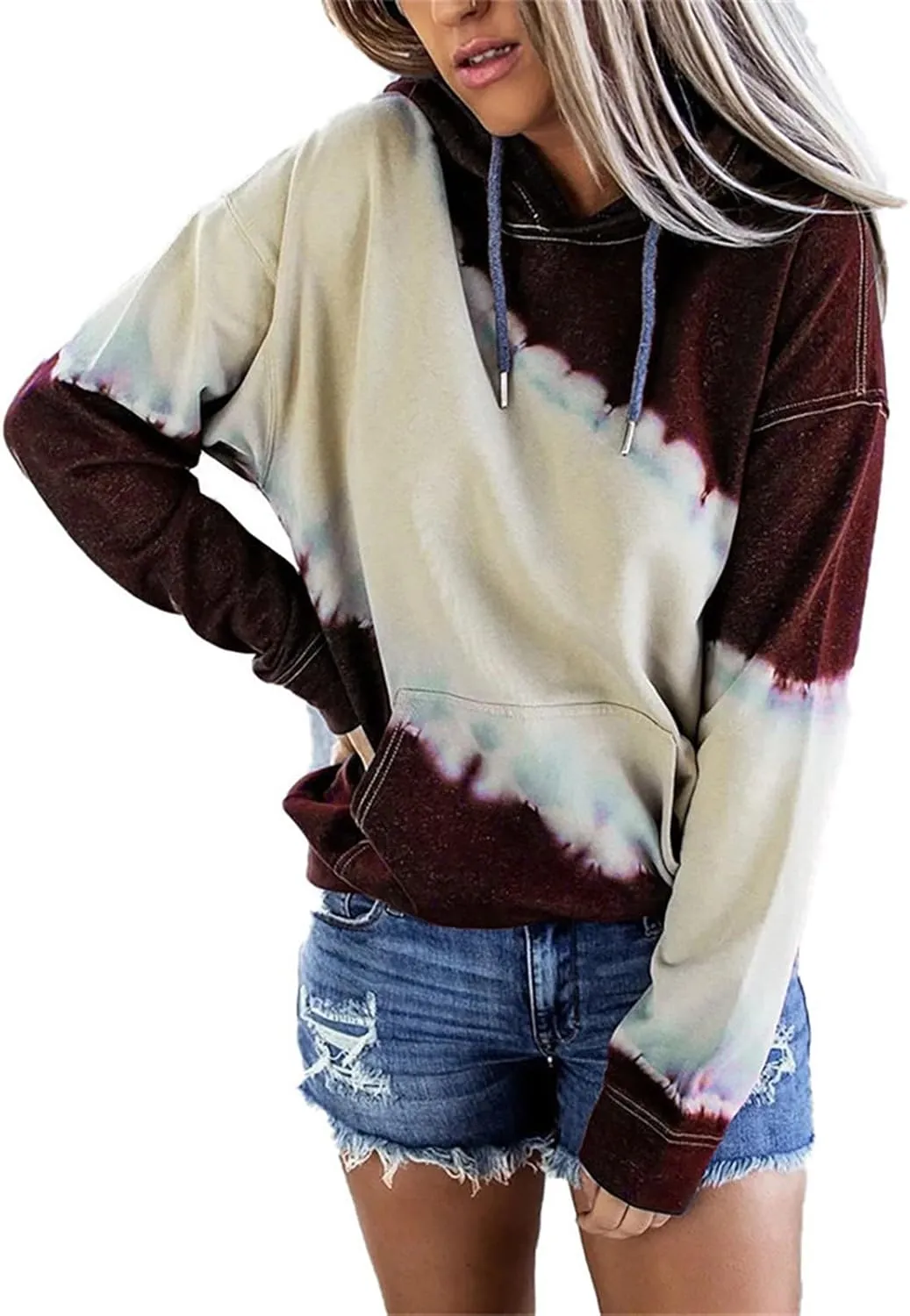 Womens Drawstring Color Block Loose Hooded Sweatshirt Casual Comfy Sweaters Fashion Oversized Tie Dye Long Sleeve Pullover
