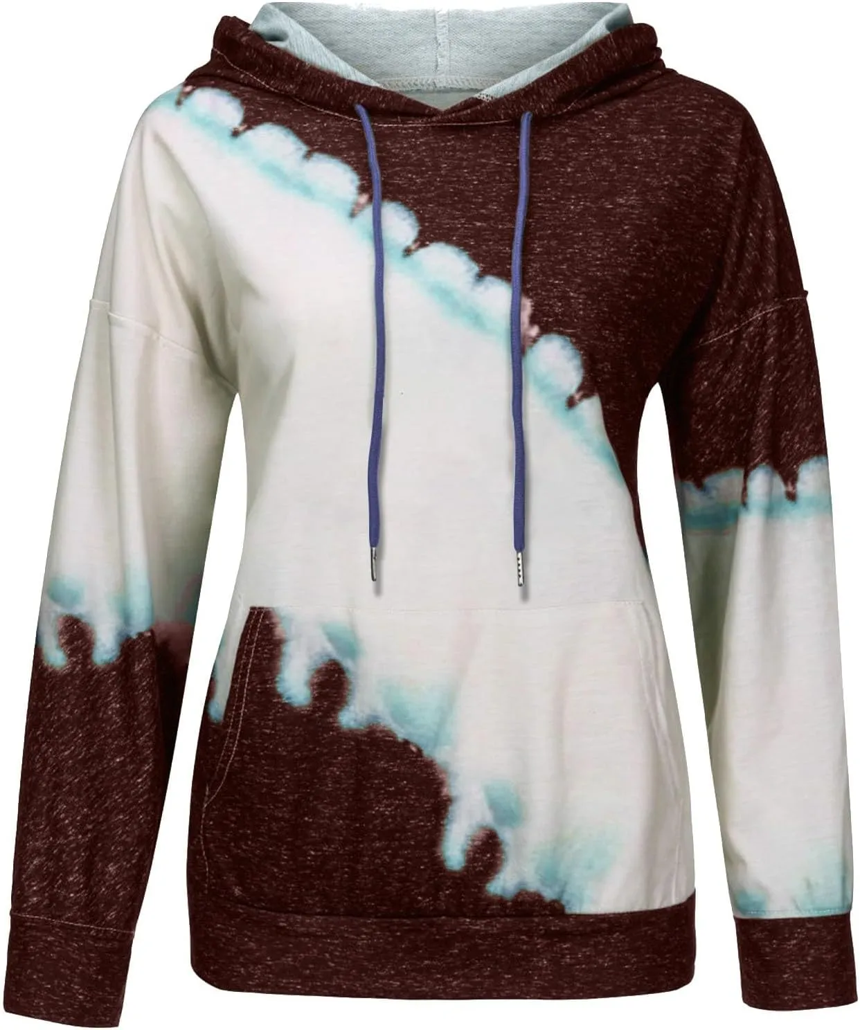 Womens Drawstring Color Block Loose Hooded Sweatshirt Casual Comfy Sweaters Fashion Oversized Tie Dye Long Sleeve Pullover
