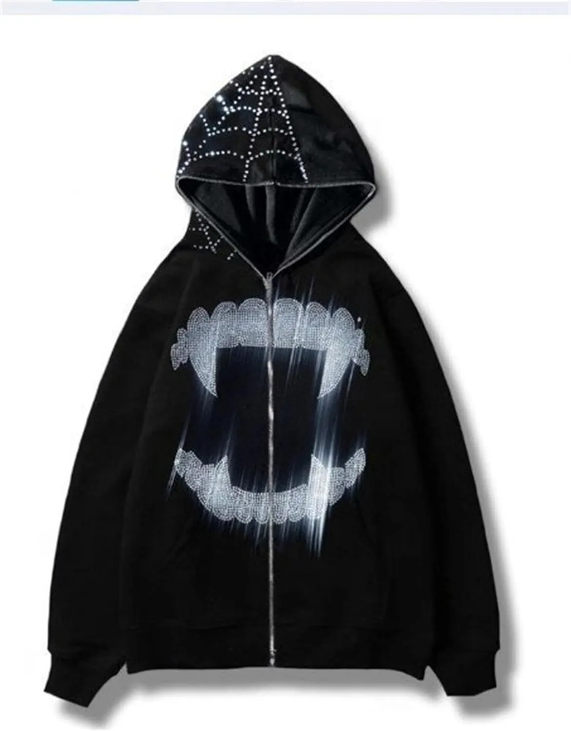 Womens Men Fashion Rhinestone Skull Print Streetwear Zip Up Hoodie Y2k Vintage Graphic Oversized Sweatshirt Jacket