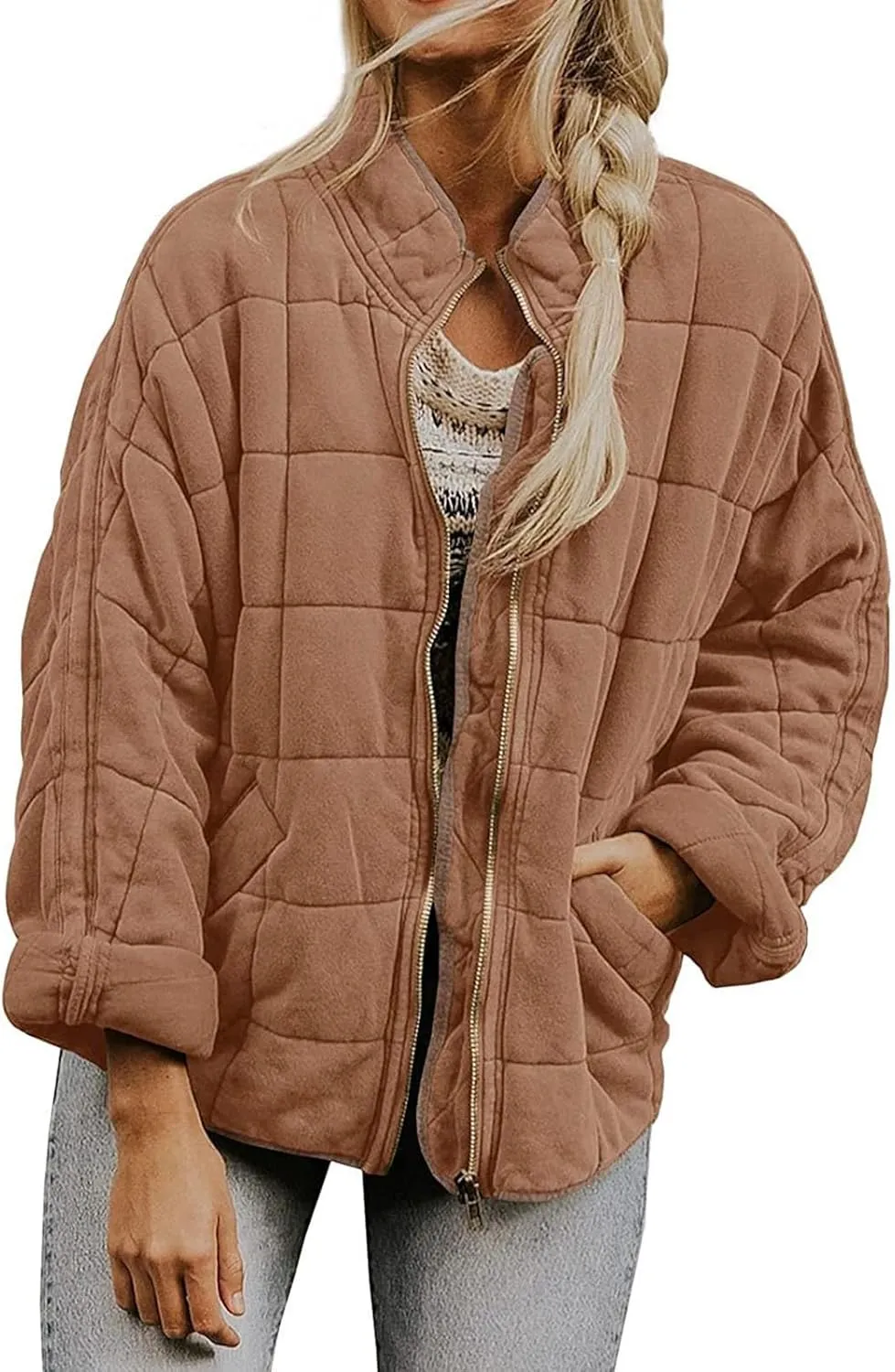 Women'S Quilted Lightweight Jackets Fall Casual Puffer Jacket Warm Winter Bomber Coats Oversized Outerwear Pockets