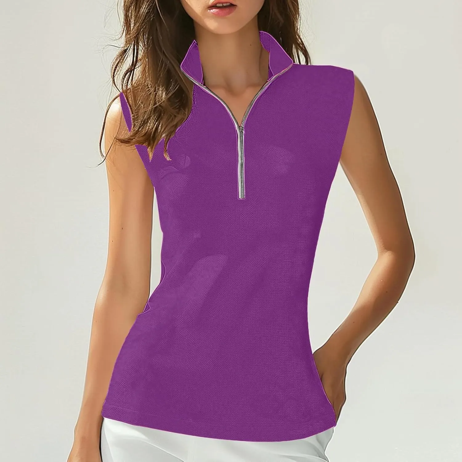 Womens Sleeveless Golf Shirts 1/4 Zip Collar Tennis Sports Tops Lightweight Quick Dry Mesh Athletic Workout Tank Tops