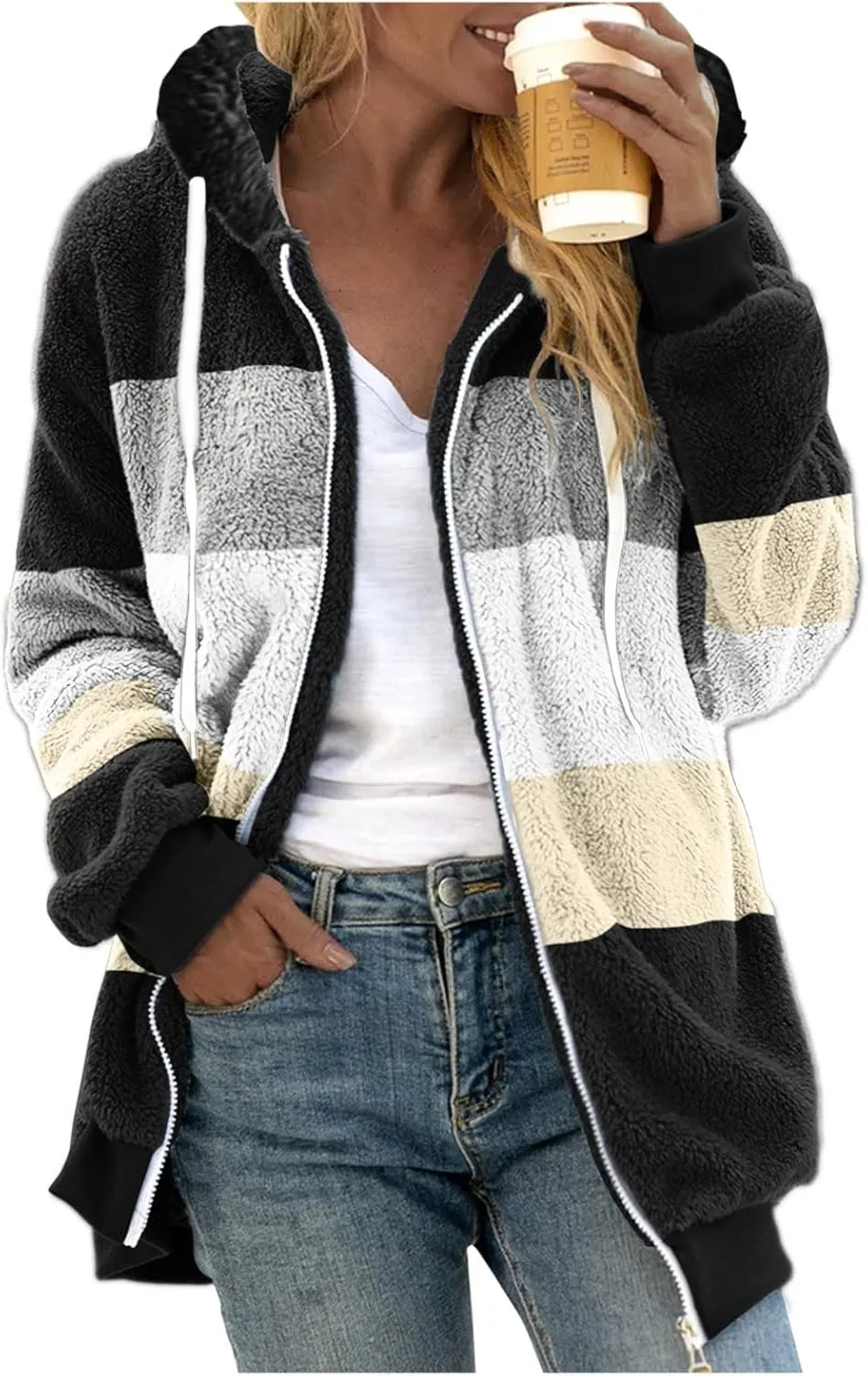Womens Winter Jacket Coats Pockets Cute Hooded Pullover Sweatershirt Solid Artificial Wool Thermal Sweatshirt Long