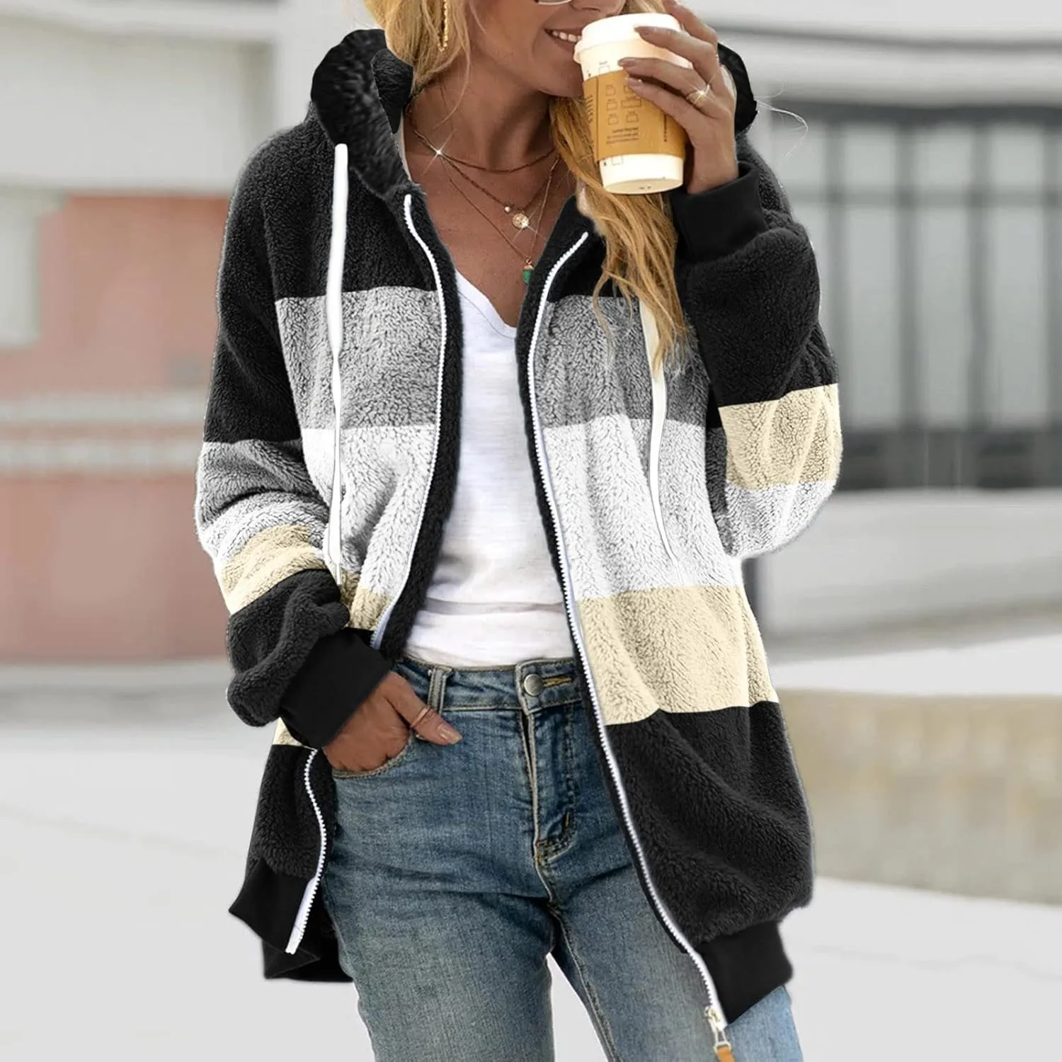 Womens Winter Jacket Coats Pockets Cute Hooded Pullover Sweatershirt Solid Artificial Wool Thermal Sweatshirt Long