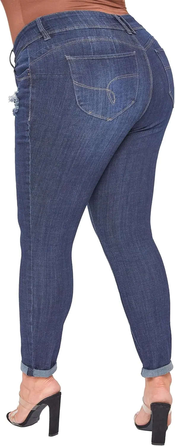 YMI Women's Junior Plus Size Wannabettabutt Premium Mid-Rise Roll Up Cuff Ankle Jean