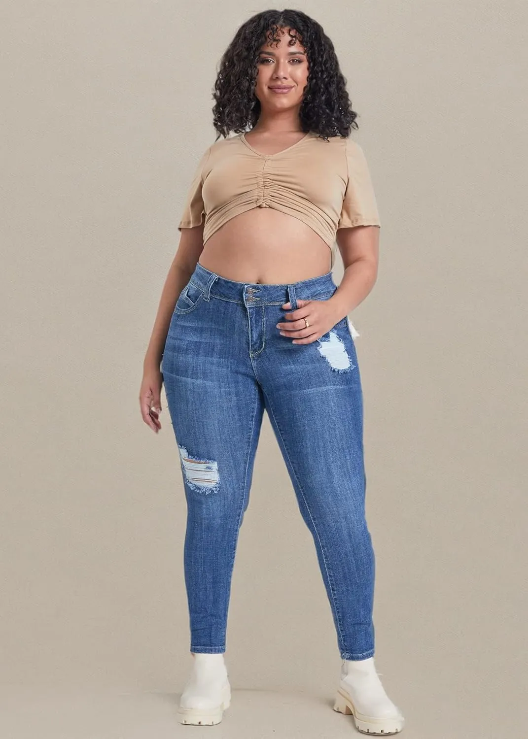 YMI Women's Junior Plus Size Wannabettabutt Premium Mid-Rise Roll Up Cuff Ankle Jean