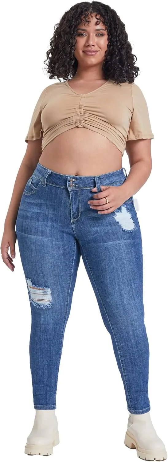 YMI Women's Junior Plus Size Wannabettabutt Premium Mid-Rise Roll Up Cuff Ankle Jean